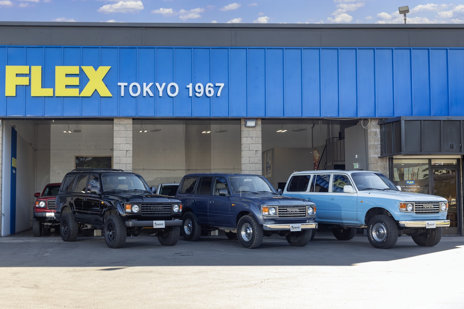 Renoca vehicles lined up in front of FLEX Automotive in San Diego, CA.