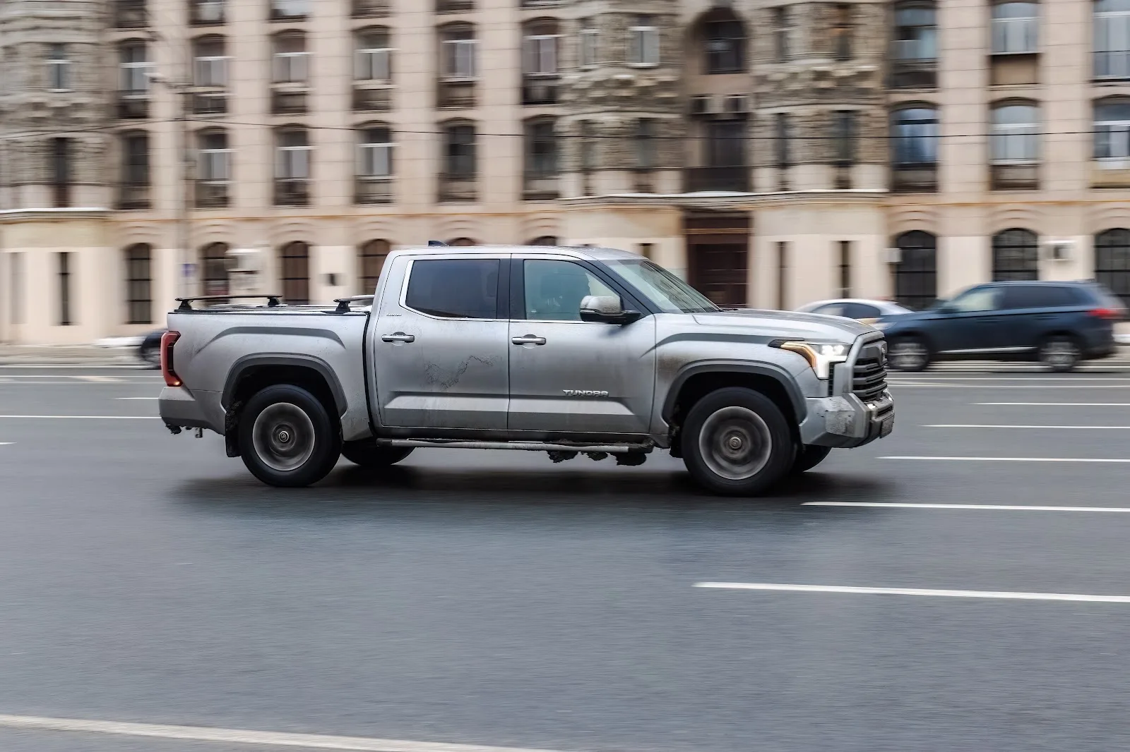 Silver Toyota Tundra Roaming in a City